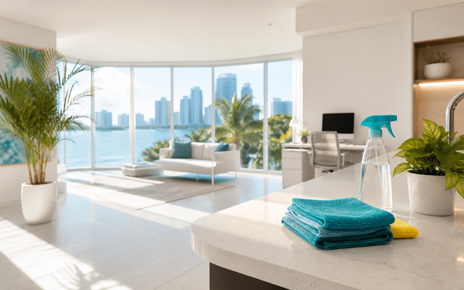 A bright, freshly cleaned Miami interior with cleaning supplies